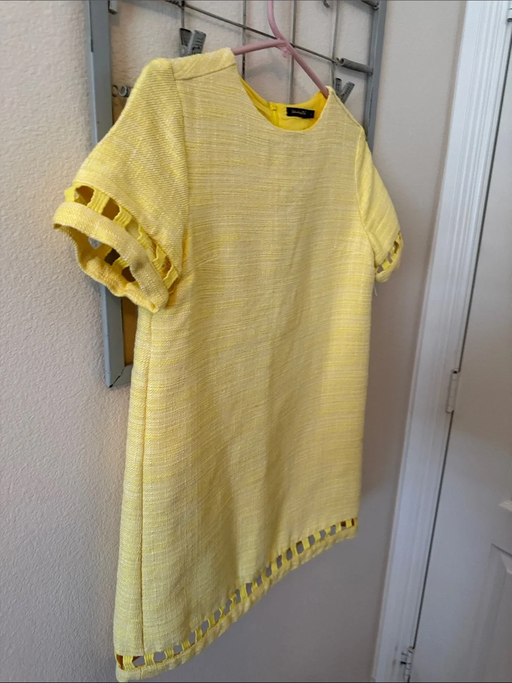 Yellow Tweed Short Sleeve vintage mini dress Size XS with Cutout Trim